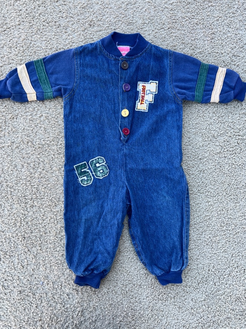 Vintage 90s Baby 18m Toddler One Piece Coveralls Bodysuit Football Denim Jean